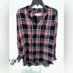 Loft Pink Plaid and metallic thread blouse size medium